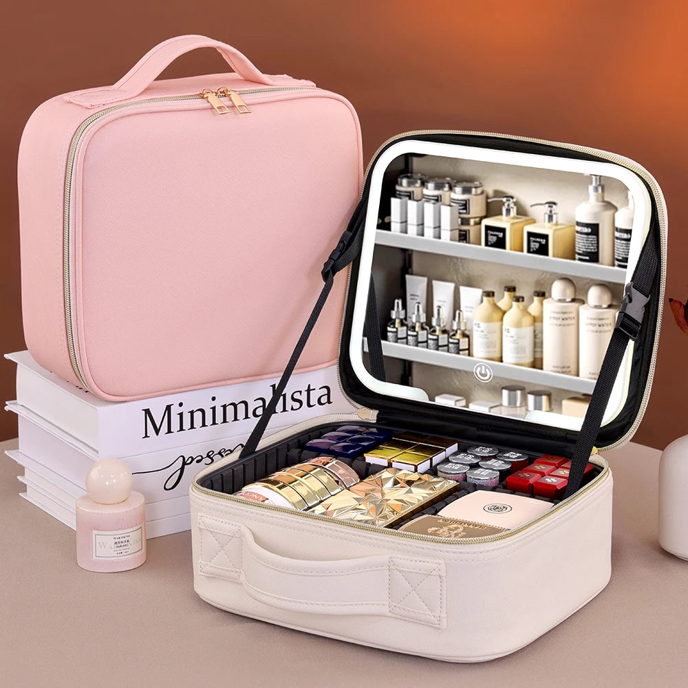 Travel Makeup Bag with USB LED Mirror Large Train Case Cosmetic Organizer Bags with 3 Color Lights and Adjustable Dividers
