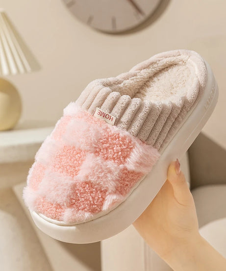 Fashion Couple Winter Toe Wrap Warm Plaid Cotton Slippers Thick Soft Sole Slides Men Women Indoor Floor Flat Home Non-slip Shoes