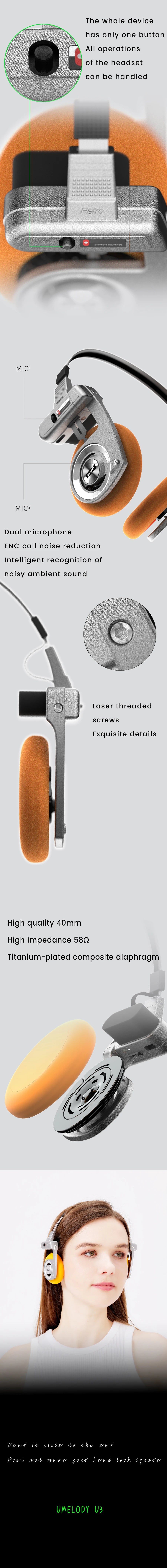 UMELODY U3 RETRO Headphones Wireless Bluetooth Headphones ON-Ear Headphones HIFI Wireless Foldable Noise Canceling Headphone