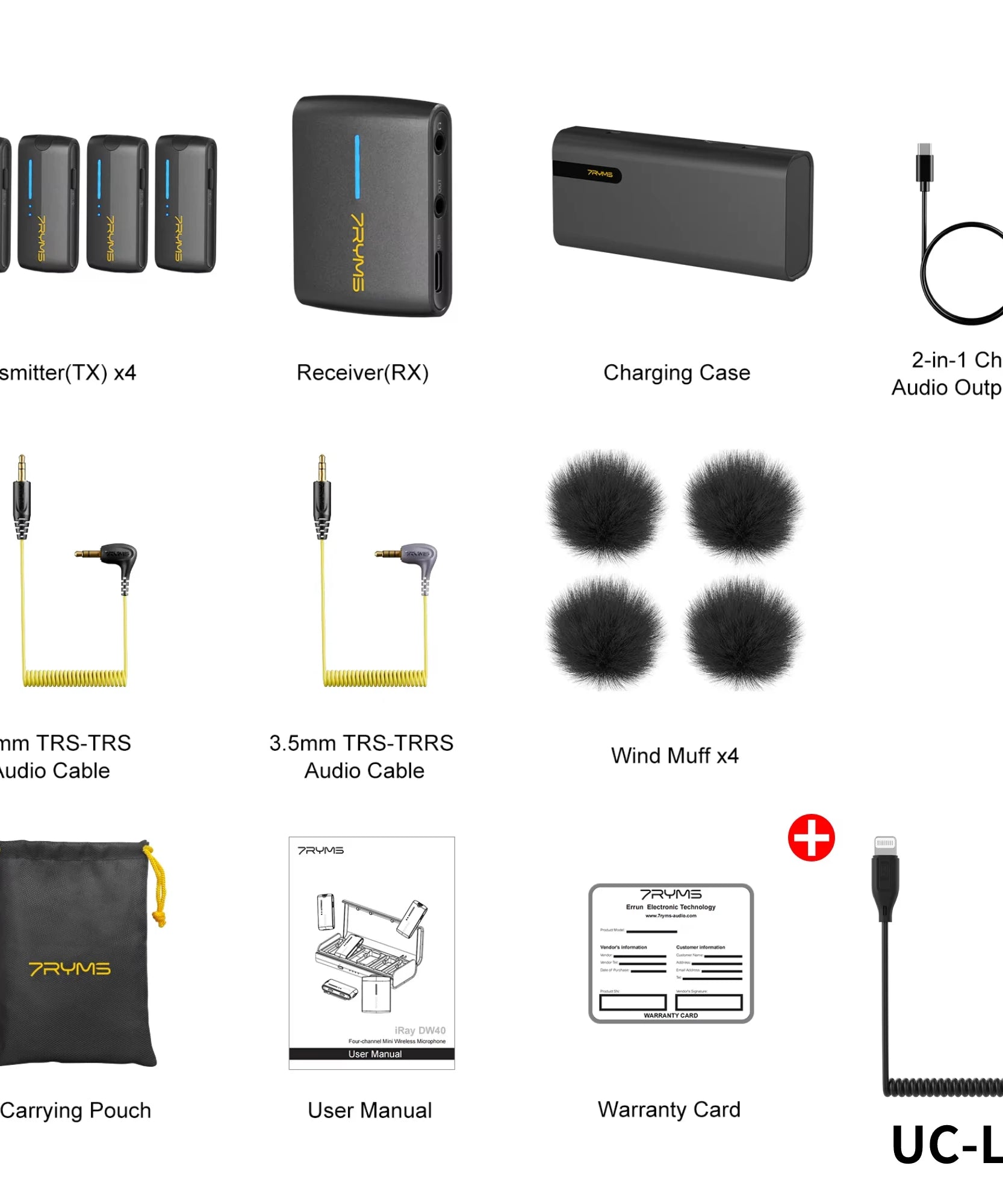 7Ryms iRay DW40 Wireless Lavalier Microphone with 4 Transmitters,48kHz/24bit Recording,AI Denoise for Camera,SmartPhone and PC