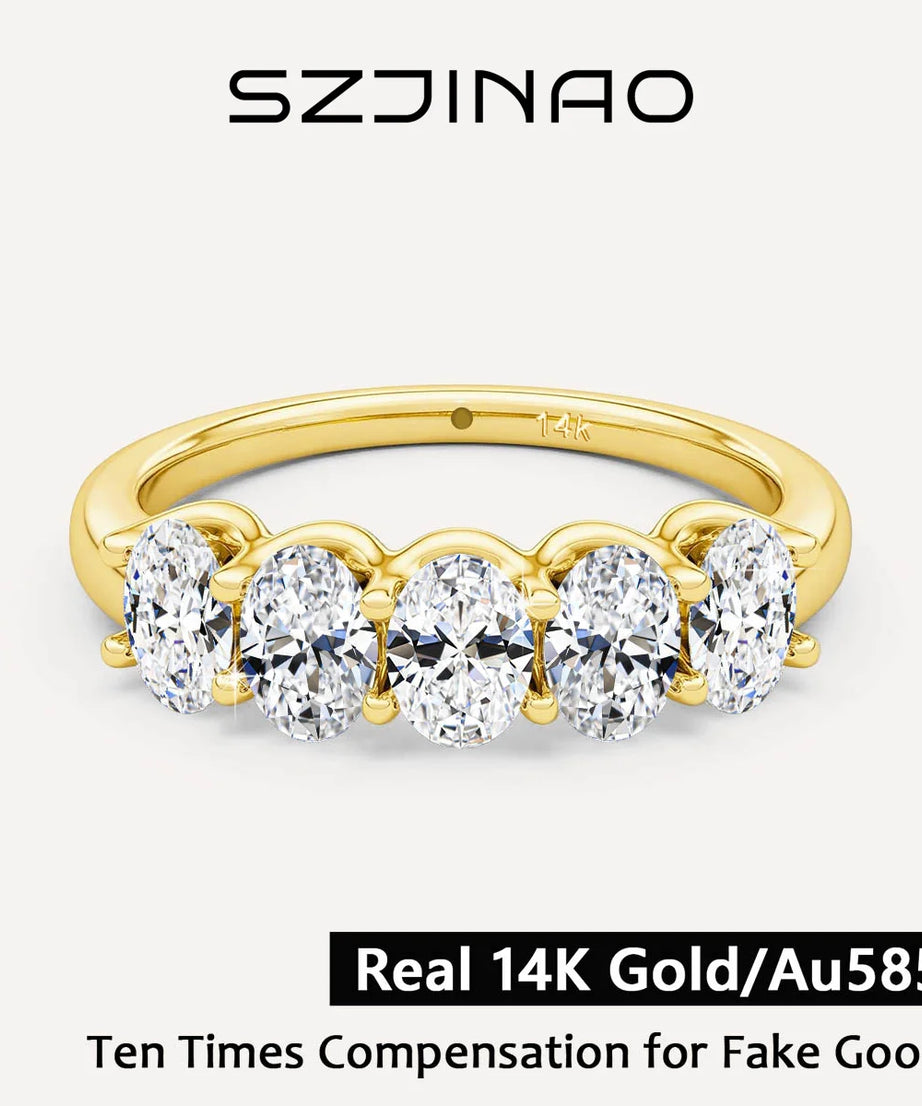 Oval 14K Yellow Gold Engagement Ring GRA Certified Moissanite Row Band 5 Stone 1.5ctw 100% Authentic for Women Wedding Jewelry