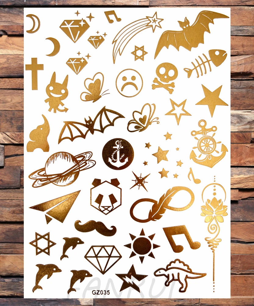 Sexy Sun Moon Star Temporary Tattoo Women Party Body Arm Art Fake Flash Tatoos Gold Metallic Tattoo Stickers Girl Bracelet Wrist