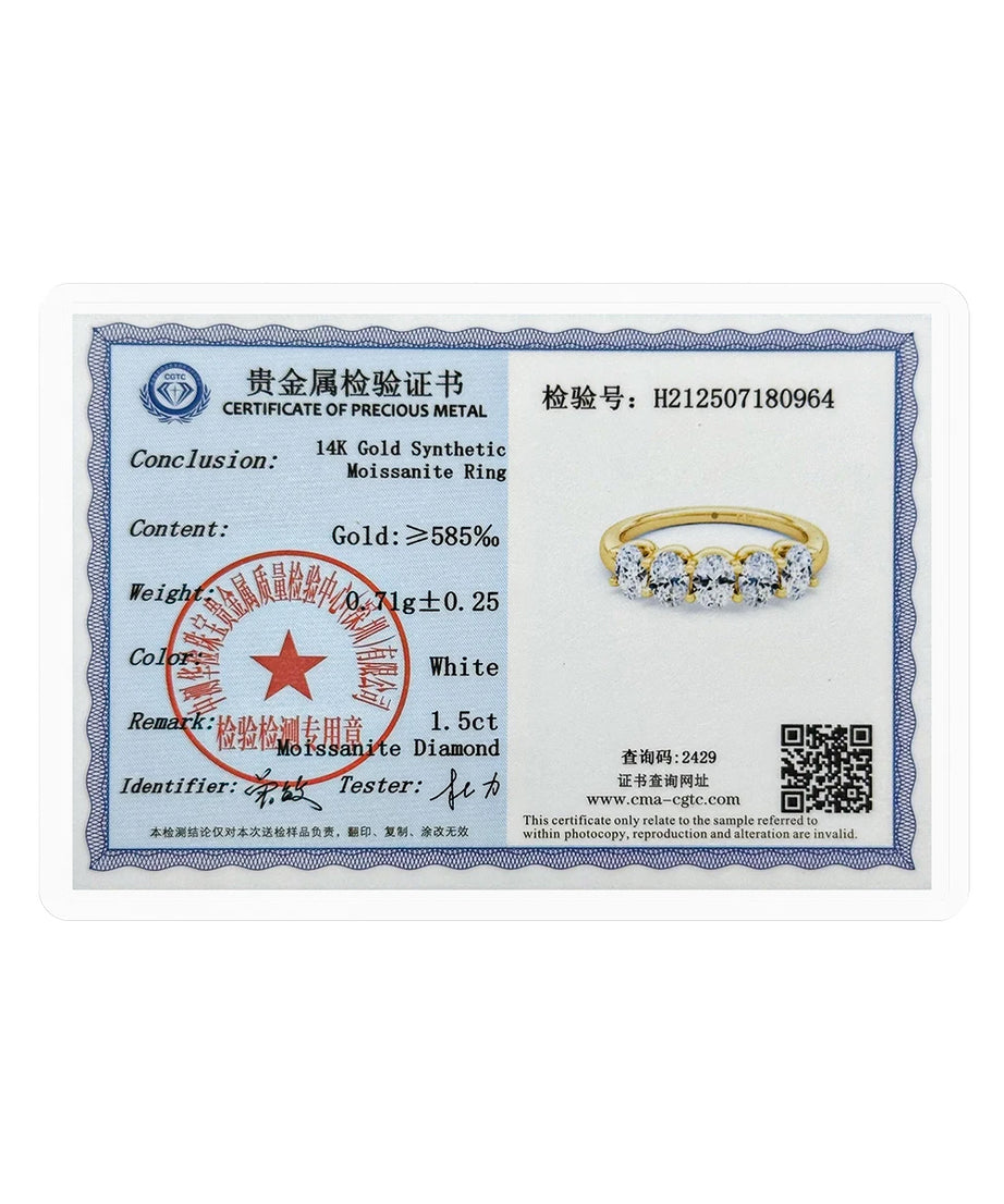 Oval 14K Yellow Gold Engagement Ring GRA Certified Moissanite Row Band 5 Stone 1.5ctw 100% Authentic for Women Wedding Jewelry