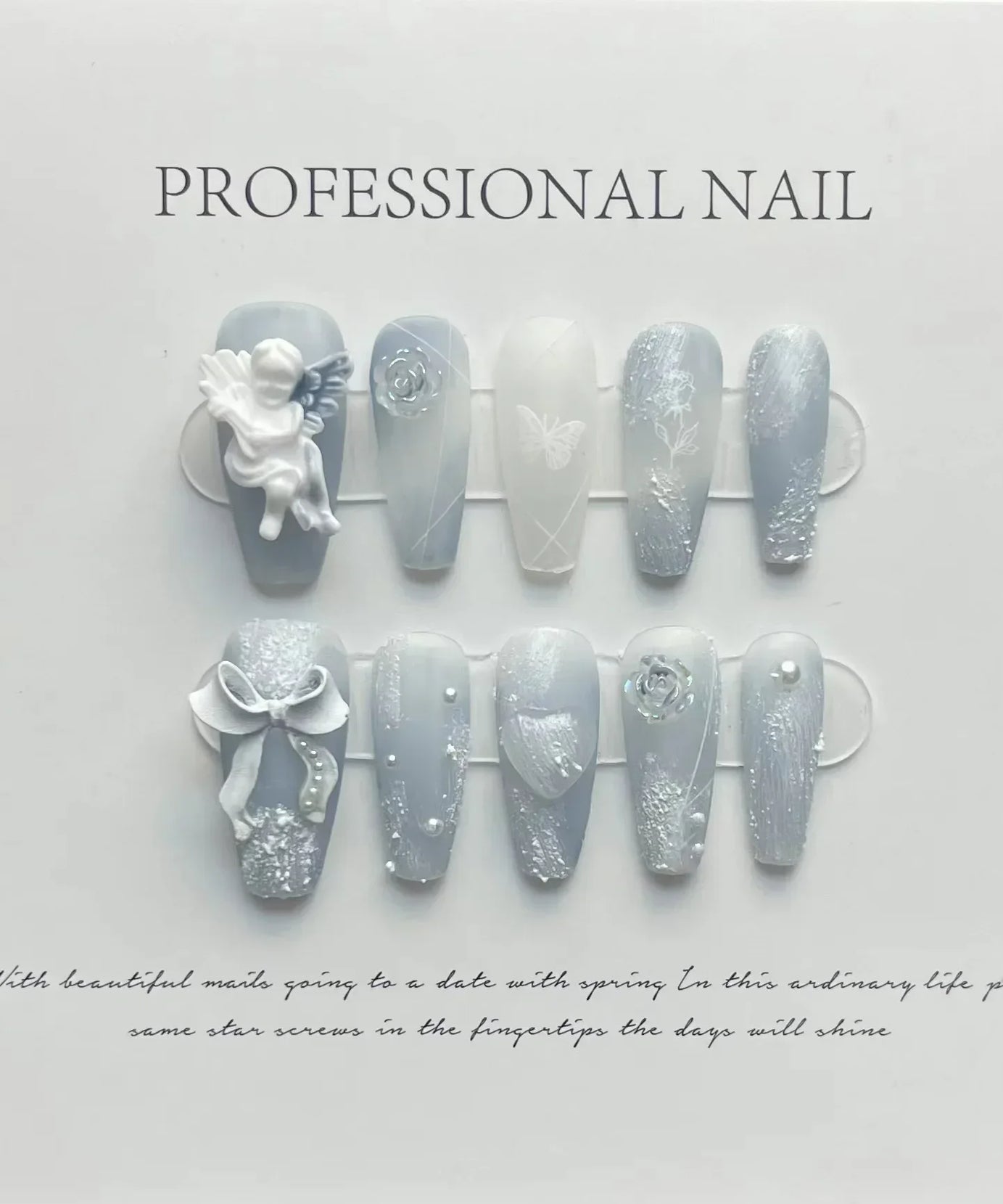 10Pcs Handmade Press on Nails Long Ballet Blue Fake Nails with 3D Ocean Moon Rhinestone Design False Nails Full Cover Nail Tips