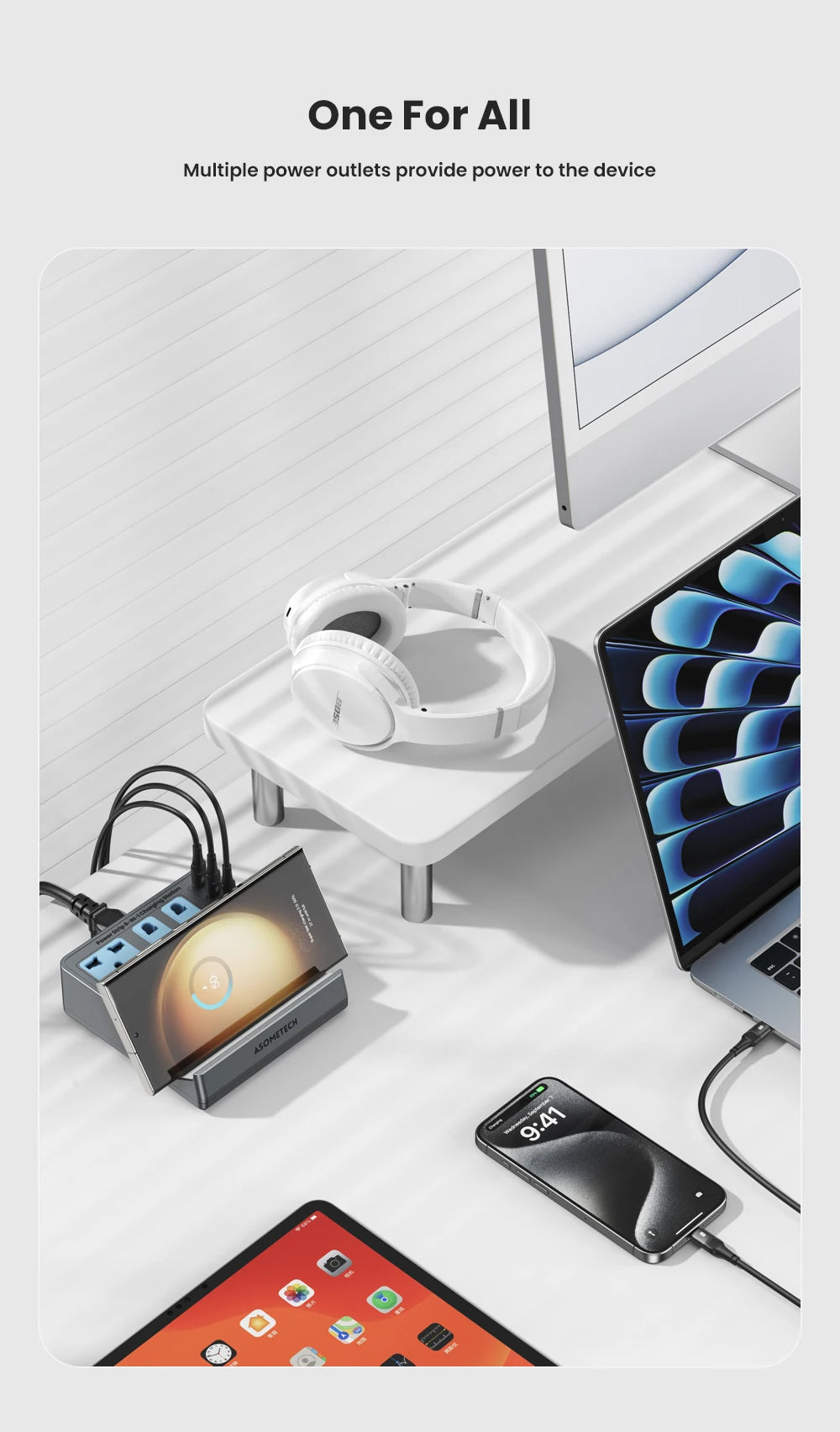 72W Fast Charging Station With Wireless Charger 3 Socket Outlets 4 USB Porst Power Strip Adapte For iPhone 14 Samsung Laptop