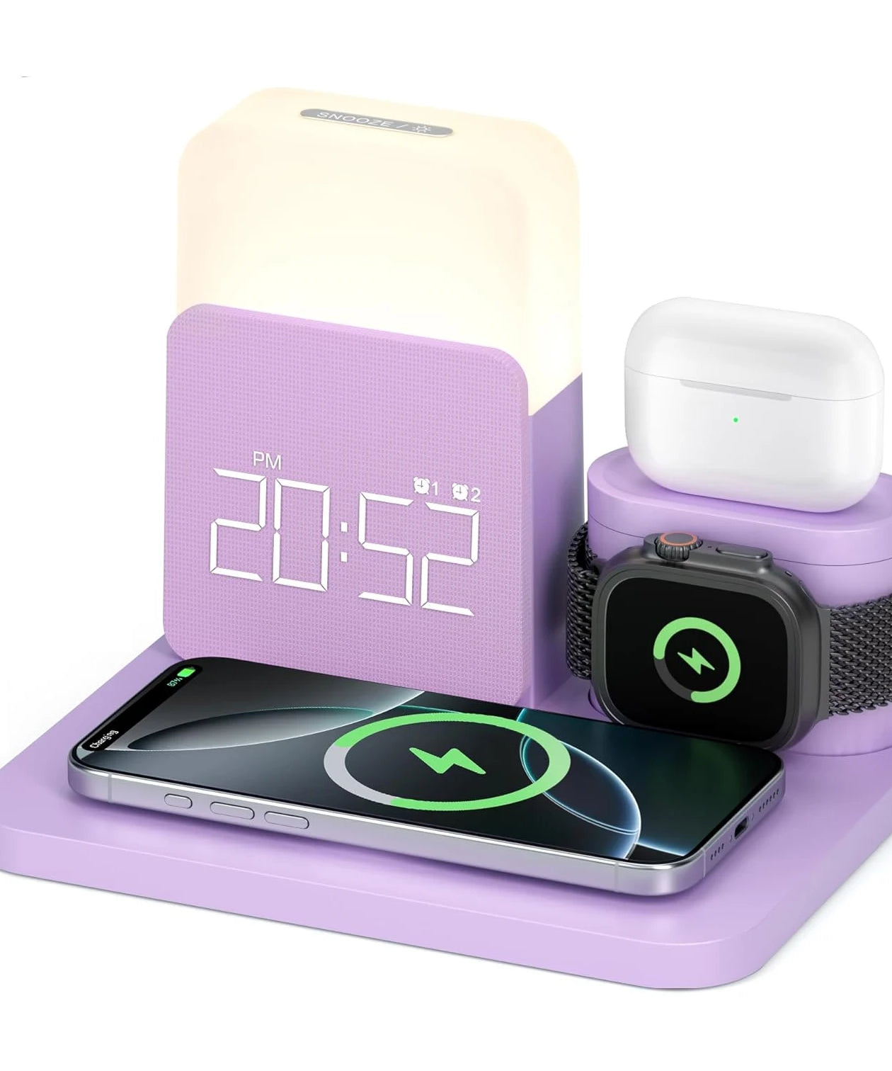 7-in-1 MagSafe Alarm Clock Charger-Wireless Station for iPhone 12-16/Samsung/Xiaomi/Huawei/Apple Watch/AirPods with Night Light