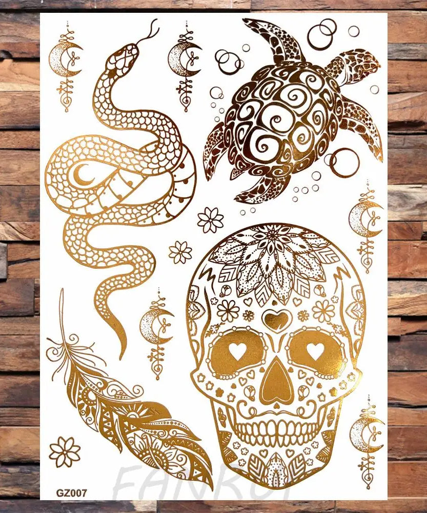 Sexy Sun Moon Star Temporary Tattoo Women Party Body Arm Art Fake Flash Tatoos Gold Metallic Tattoo Stickers Girl Bracelet Wrist