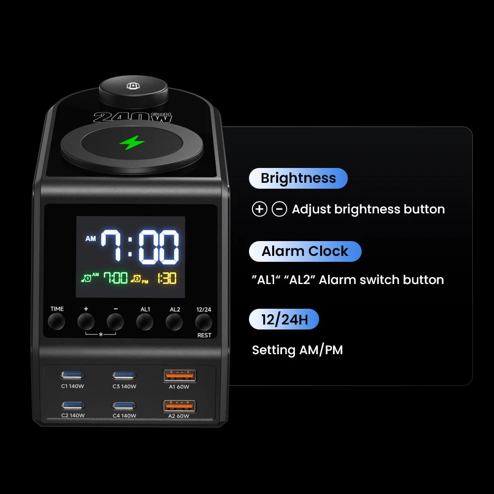 240W GaN Charger Station 4×140W PD3.1 USB Type C Wireless Fast Charger for MacBook iPad Samsung Alarm Clock Time Display