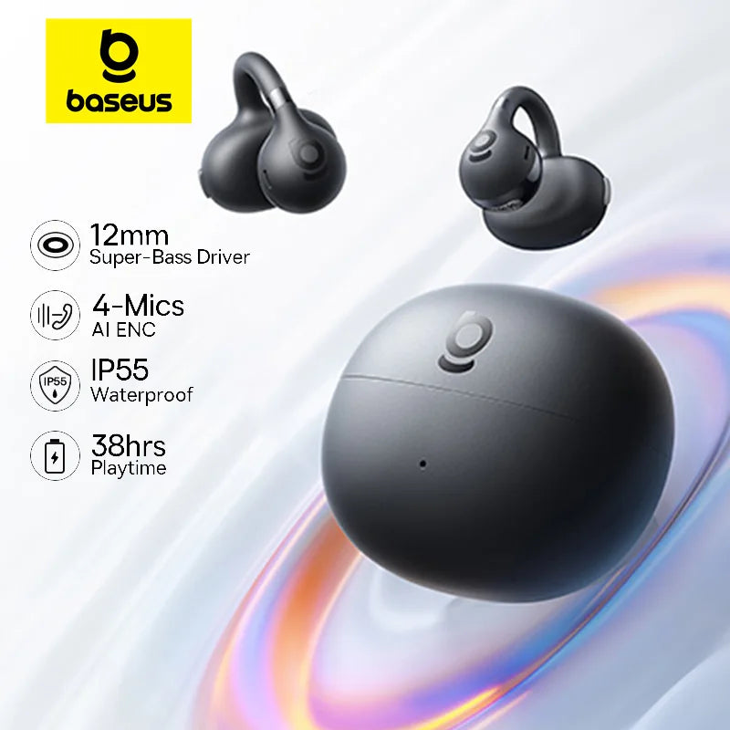 Baseus BC1 Ear Clip Earbuds Open Ear Wireless Earphones Bluetooth 6.0 Clip On Sports Headphones 4-Mics Super Bass IP55 Ear buds