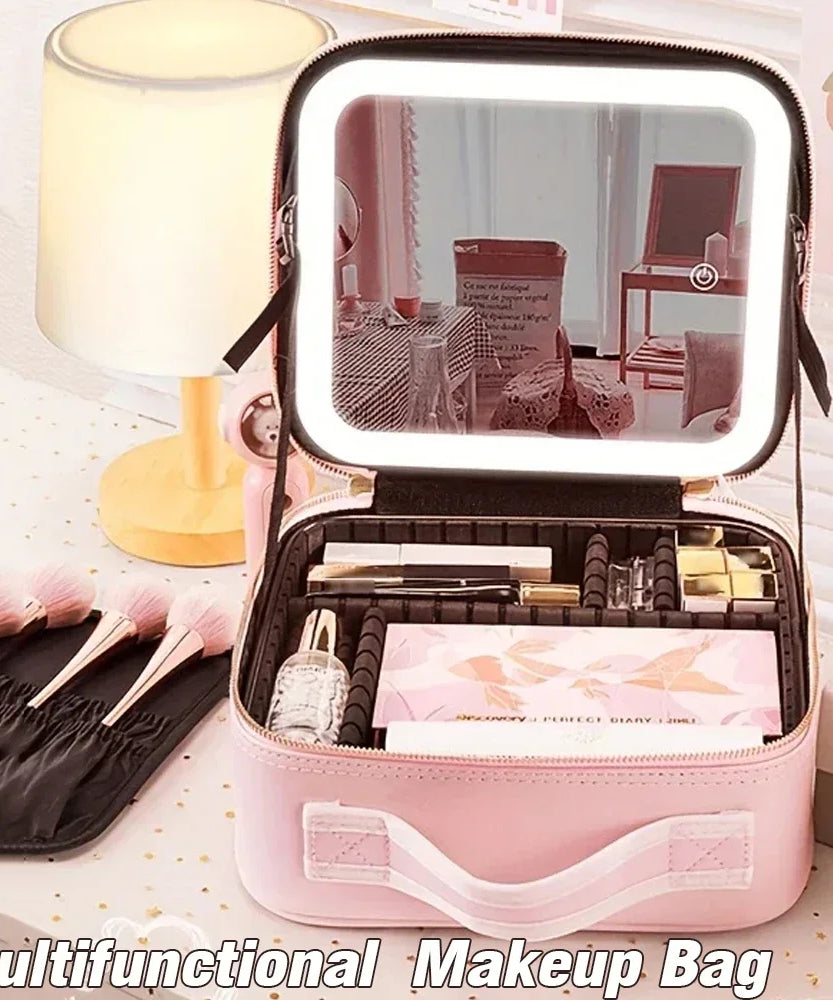 New LED Lighted Cosmetic Case With Mirror PU Leather Portable Travel Makeup Storage Bags Waterproof Travel Makeup Bag