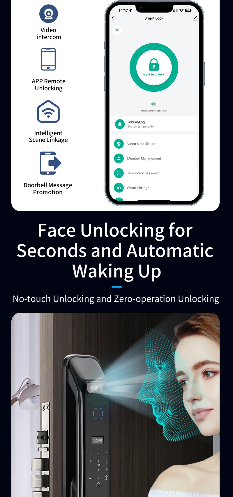 3D Real-time Intercom Face Recognition Digital Door Lock With Camera FIngerprint Password Unlock Keyless Electronic Door Lock
