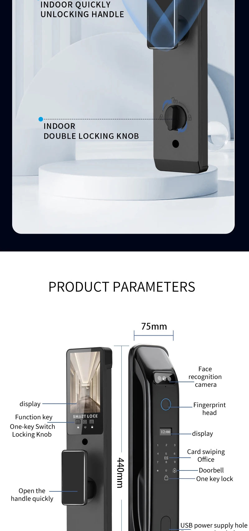 3D Real-time Intercom Face Recognition Digital Door Lock With Camera FIngerprint Password Unlock Keyless Electronic Door Lock