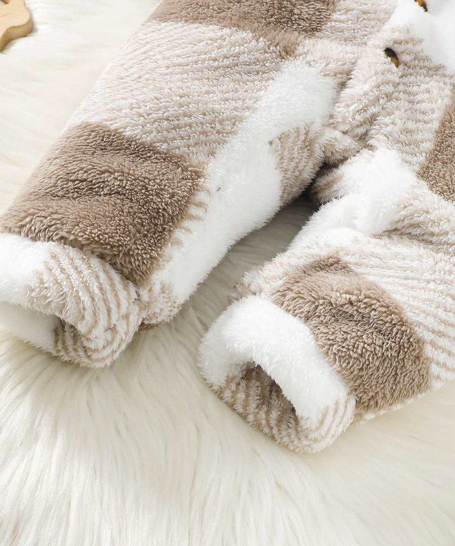 Baby Boys and Girls Plaid Romper Hooded Long Sleeved Plush Jumpsuit Winter Warm Bodysuit Clothes for 3-24 Months Toddler Boy