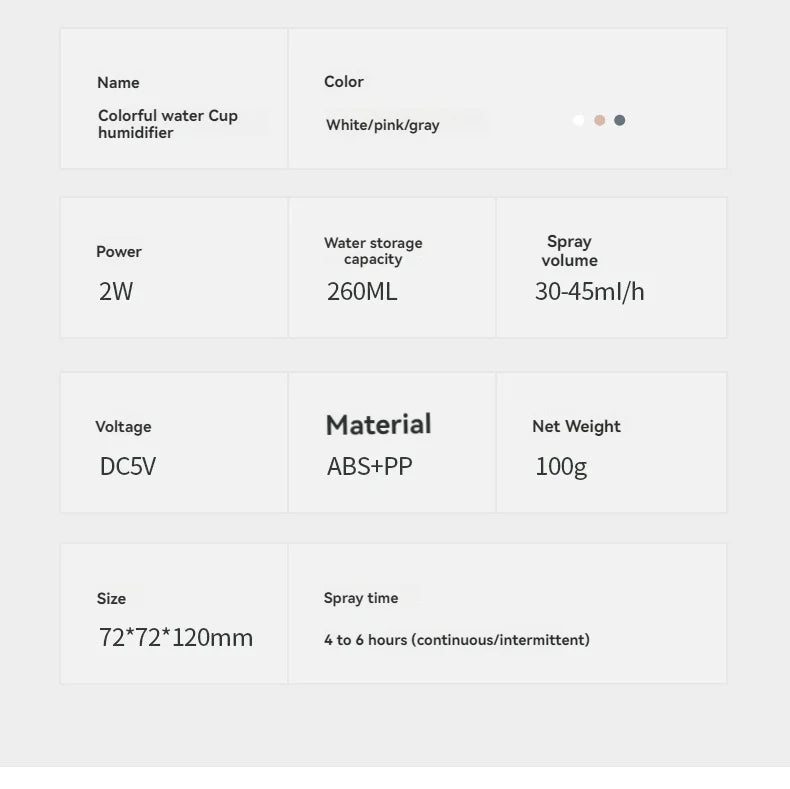 260ML Poratable Automatic Humidifier DiffuserWithout Oil Mute Quite Humidier Car USB For Home HouseWith Light Mini Humidifier