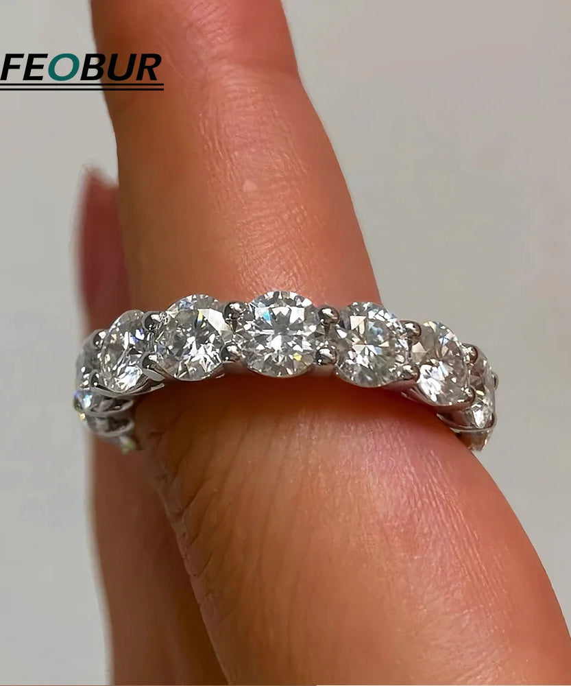 FEOBUR 7ct 5mm D Color Moissanite Ring with Certificate Women S925 Sterling Silver Full Diamond Wedding Eternity Band Jewelry