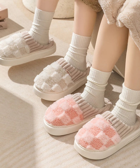 Fashion Couple Winter Toe Wrap Warm Plaid Cotton Slippers Thick Soft Sole Slides Men Women Indoor Floor Flat Home Non-slip Shoes