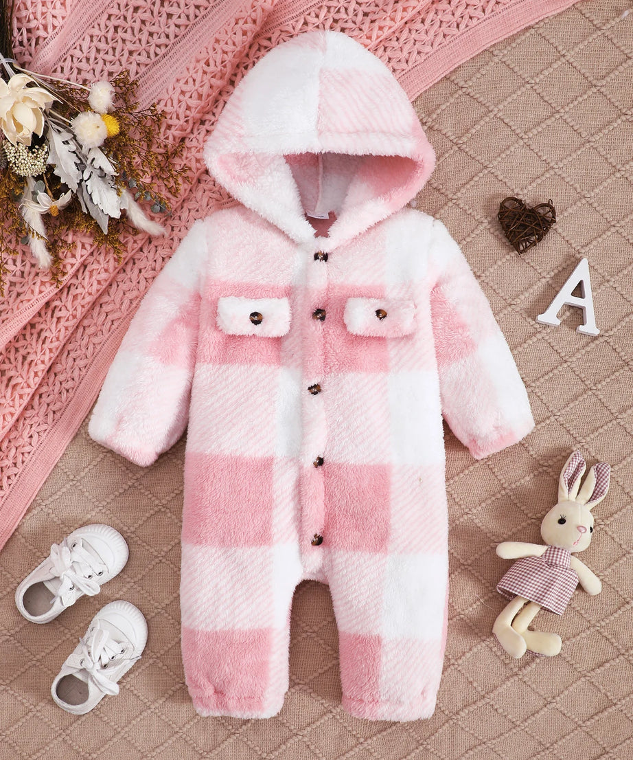 Baby Boys and Girls Plaid Romper Hooded Long Sleeved Plush Jumpsuit Winter Warm Bodysuit Clothes for 3-24 Months Toddler Boy