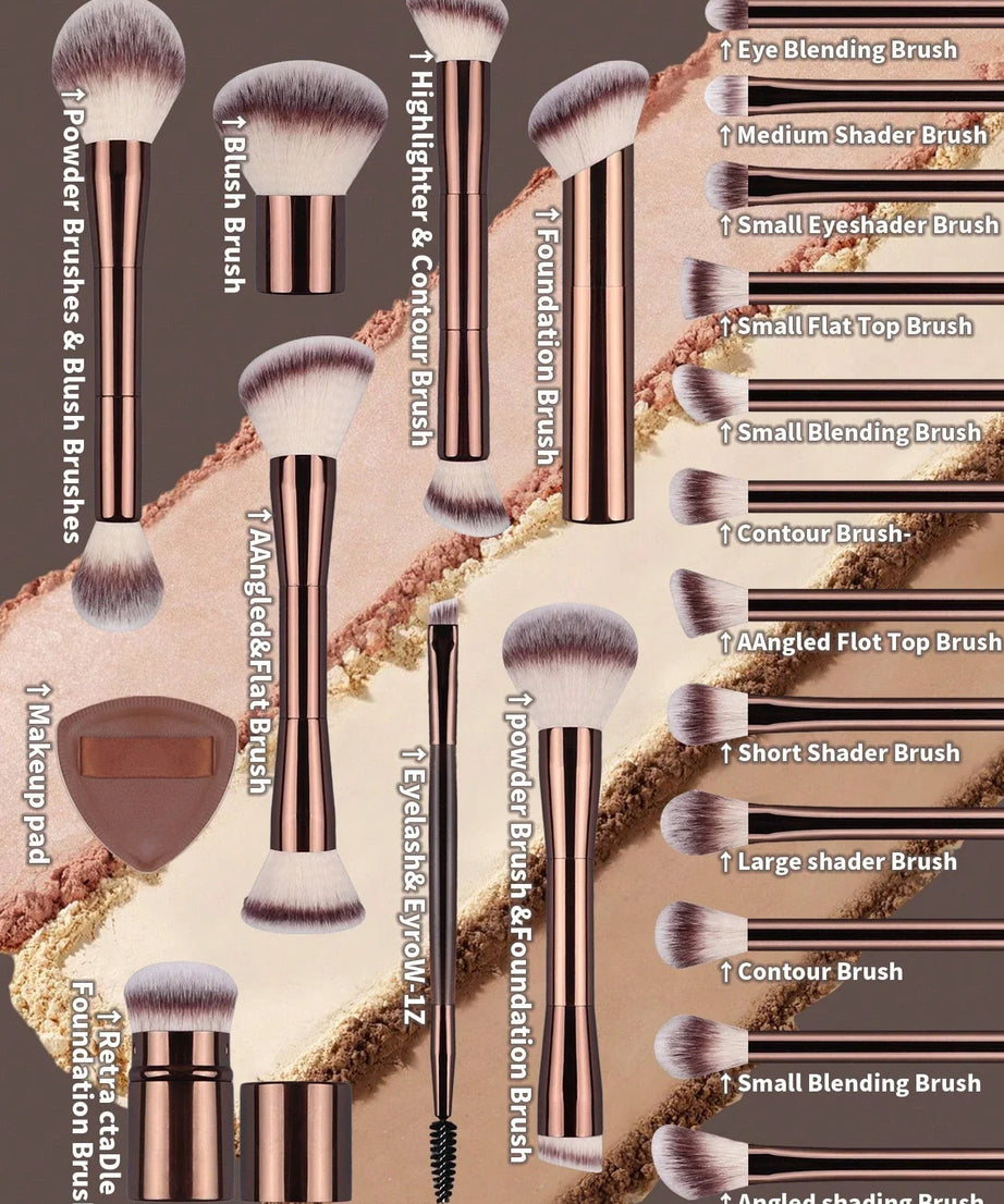 22pcs Professional Makeup Tools Set With Velvet Bag,20pcs Soft Long Aluminum Tube Makeup Brush Set+2pcs Powder Puffs Accessories