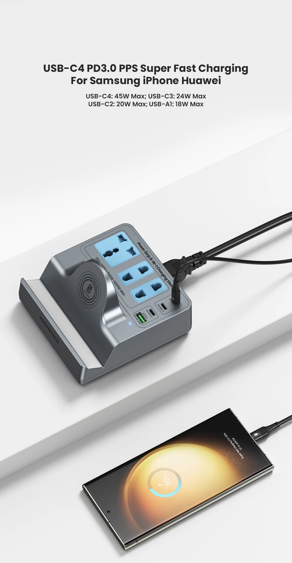 72W Fast Charging Station With Wireless Charger 3 Socket Outlets 4 USB Porst Power Strip Adapte For iPhone 14 Samsung Laptop