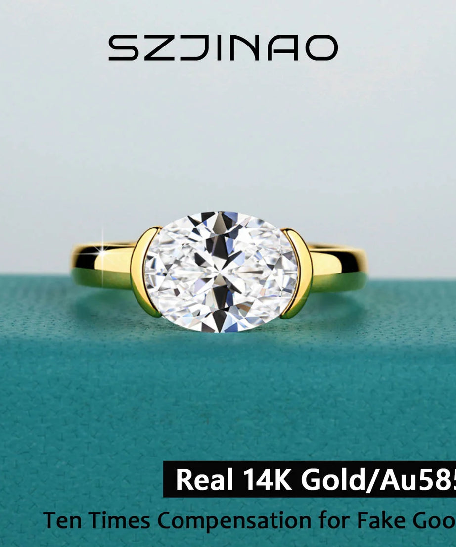 14K Gold Certified Oval Cut Moissanite Ring for Women Lab Created Diamond Engagement Wedding Yuan Bao Ring Jewelry Classic