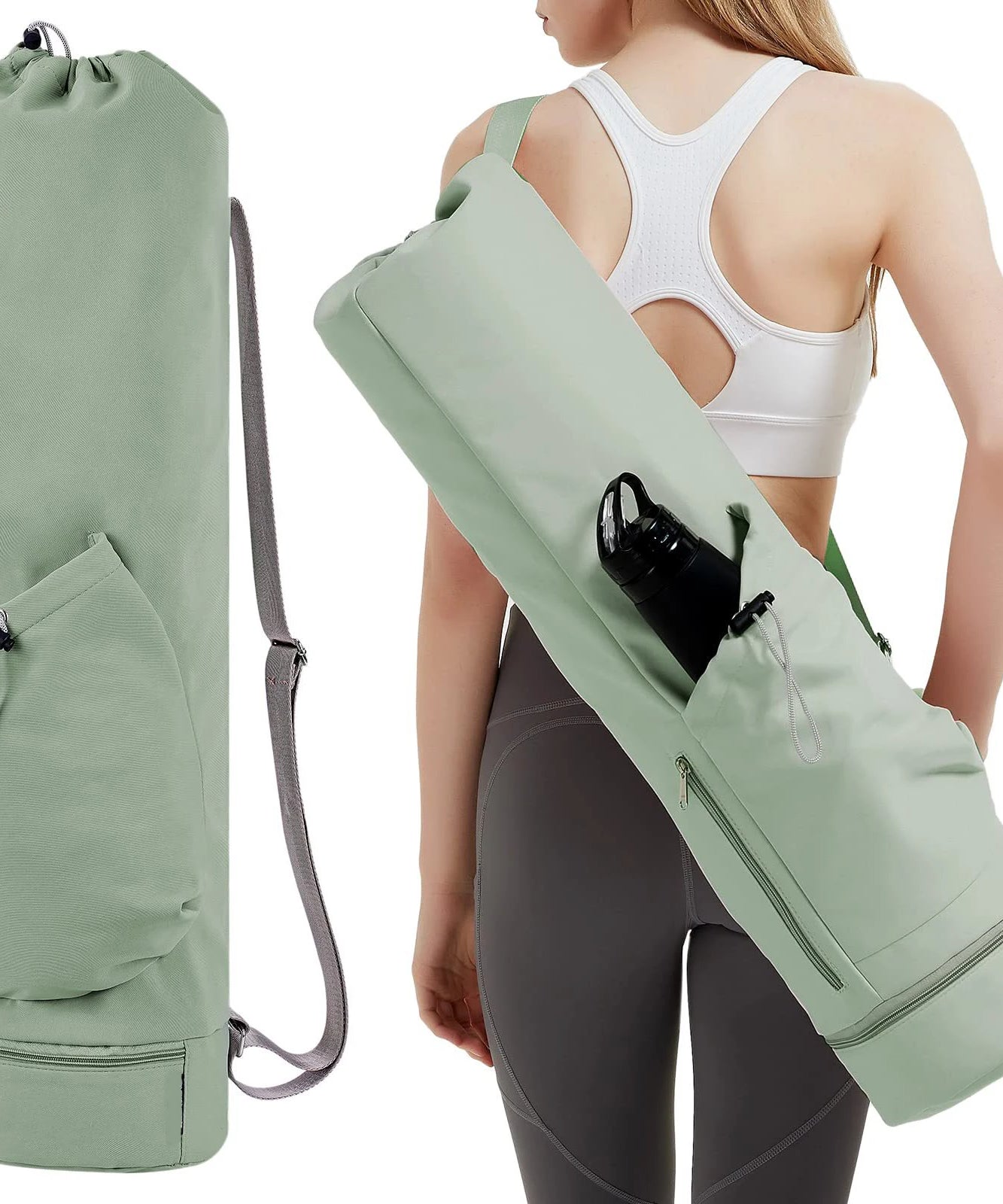 Yoga mat bag with water bottle pocket and bottom wet bag. Sports yoga mat with shoulder strap and multifunctional storage bag