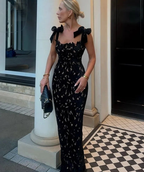 Lace Crochet Bow Slip Dress Hollow Out Slim Fit Club Party Gown Robes Sexy Backless Women Vacation Beach Suspender Long Dresses