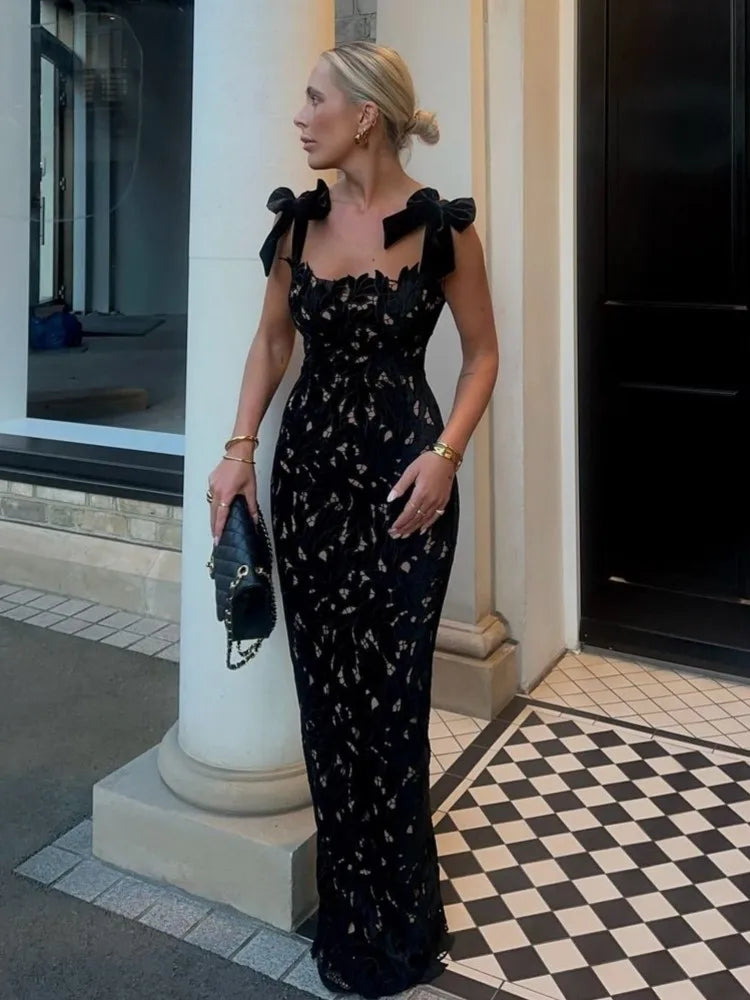 Lace Crochet Bow Slip Dress Hollow Out Slim Fit Club Party Gown Robes Sexy Backless Women Vacation Beach Suspender Long Dresses