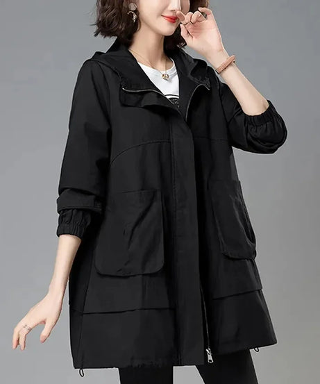 2024 Women Trench Coat With Hooded Tops Autumn New Coat Long-Sleeved Loose Mid-Length Outerwear Female Windbreaker