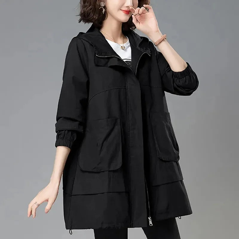 2024 Women Trench Coat With Hooded Tops Autumn New Coat Long-Sleeved Loose Mid-Length Outerwear Female Windbreaker