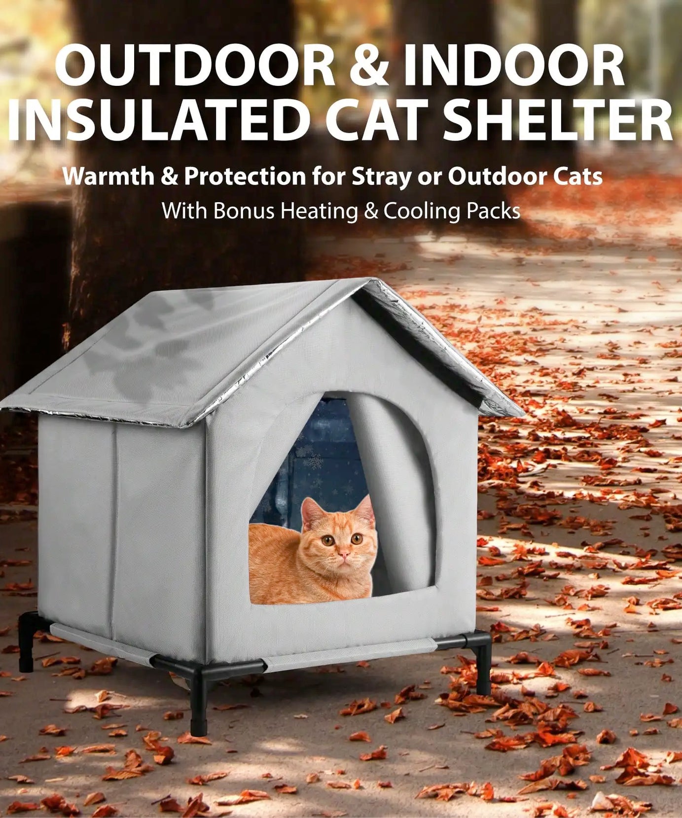 All-Season Waterproof Cat House with Ice Packs & Heating Bags, Foldable Shelter for Indoor & Outdoor Use, Available in 3 Sizes