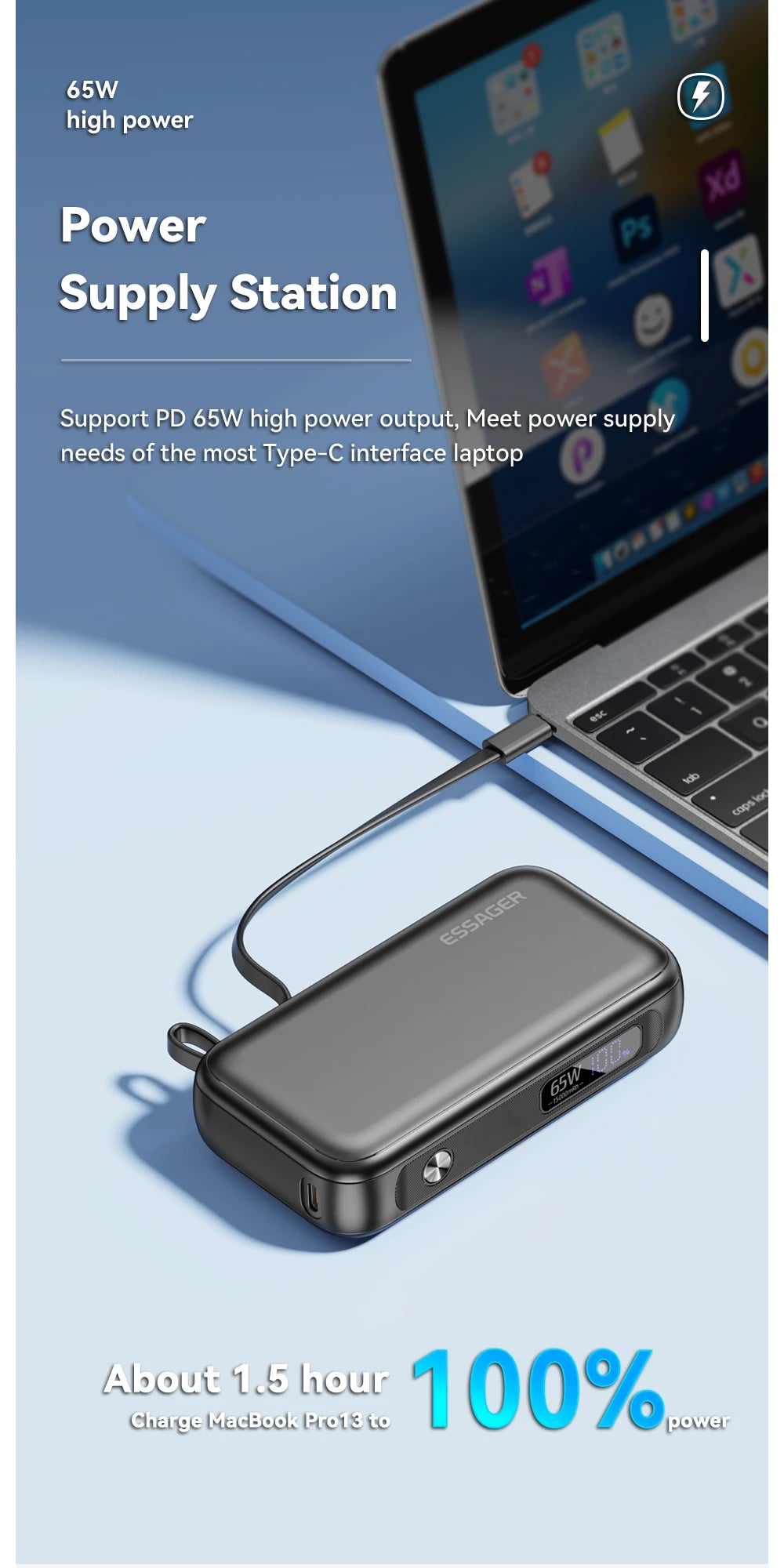 Essager Power Bank Portable 15000mAh in With USB C Cable External Spare Battery Pack for iPhone iPad Macbook 65W Fast Charger