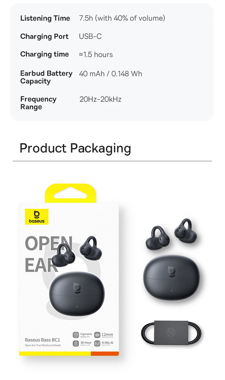 Baseus BC1 Ear Clip Earbuds Open Ear Wireless Earphones Bluetooth 6.0 Clip On Sports Headphones 4-Mics Super Bass IP55 Ear buds