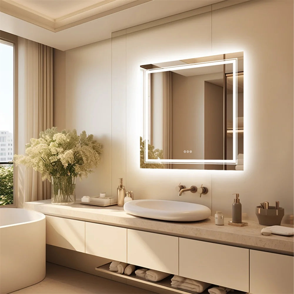 LUVODI Square Illuminated Wall Bathroom Mirror with LED Lights Dimmable Defog Mirror on Sink