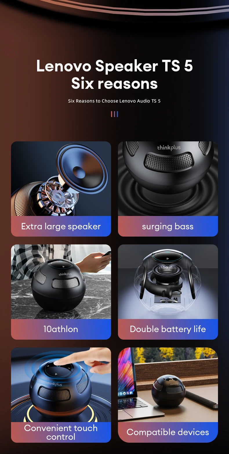 Choice Original Lenovo TS5 Bluetooth V5.3 Speaker Outdoor Long Endurance Loudspeaker Subwoofer Portable Surround Sound Player