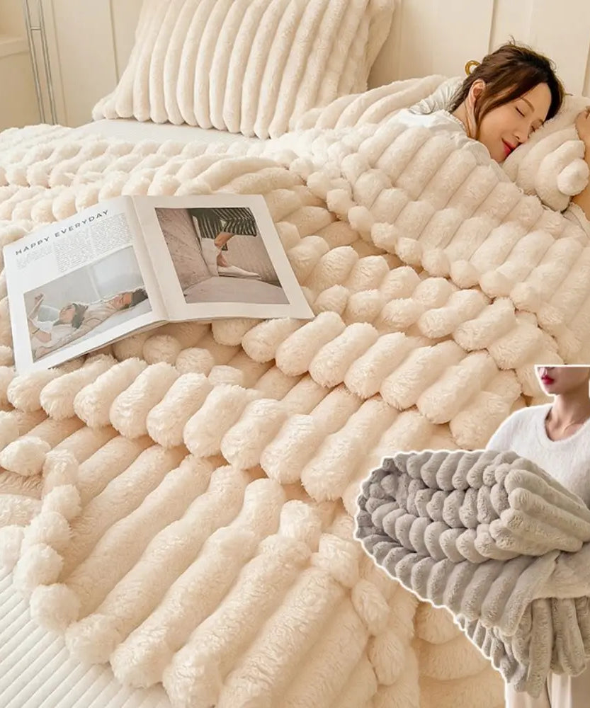 Ultra Soft Faux Rabbit Fur Throw Blanket Warm Plush Striped Blankets Conditioning Quilt Fluffy Throws for Couch Chair Sofa