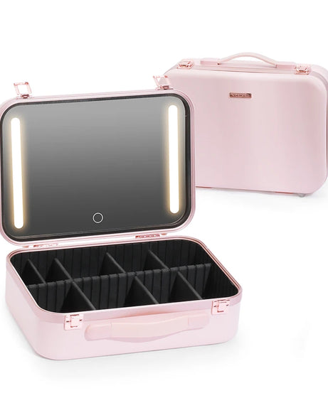 Lighted Makeup Case with Mirror - Portable Travel Makeup Organizer with LED Mirror, 3 Light Settings, Rechargeable Makeup Bag w