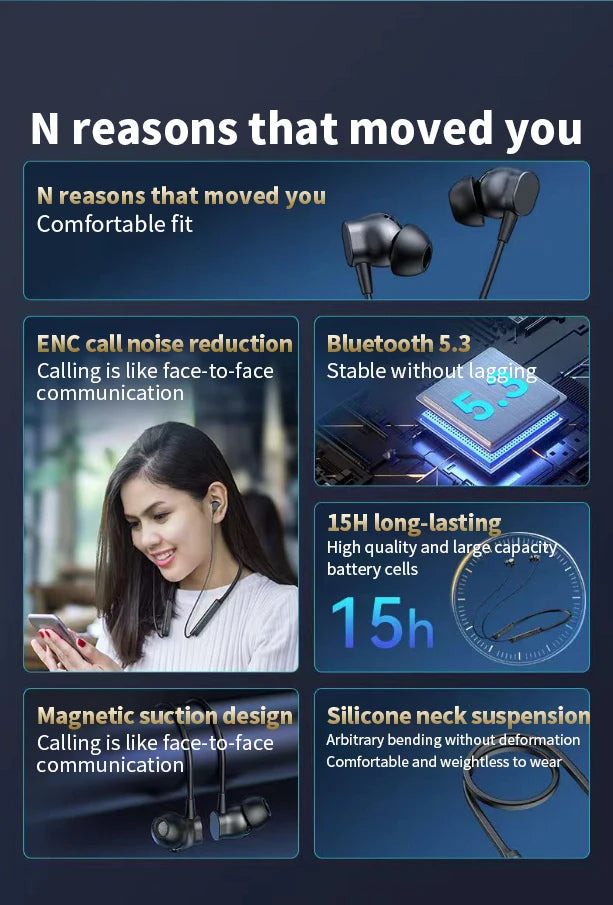 MZYMI BS09 Neckband Earbuds Wireless Bluetooth5.3 Noise Reduction Headphones HiFi Stereo Earphones Waterproof Headset With Mic