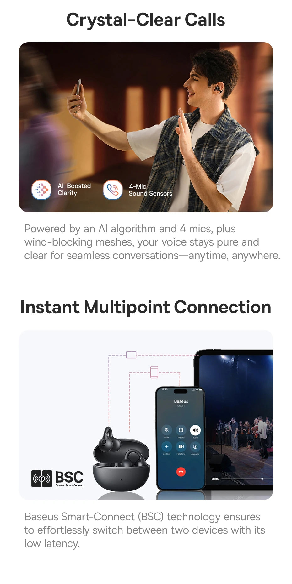 Baseus BC1 Ear Clip Earbuds Open Ear Wireless Earphones Bluetooth 6.0 Clip On Sports Headphones 4-Mics Super Bass IP55 Ear buds