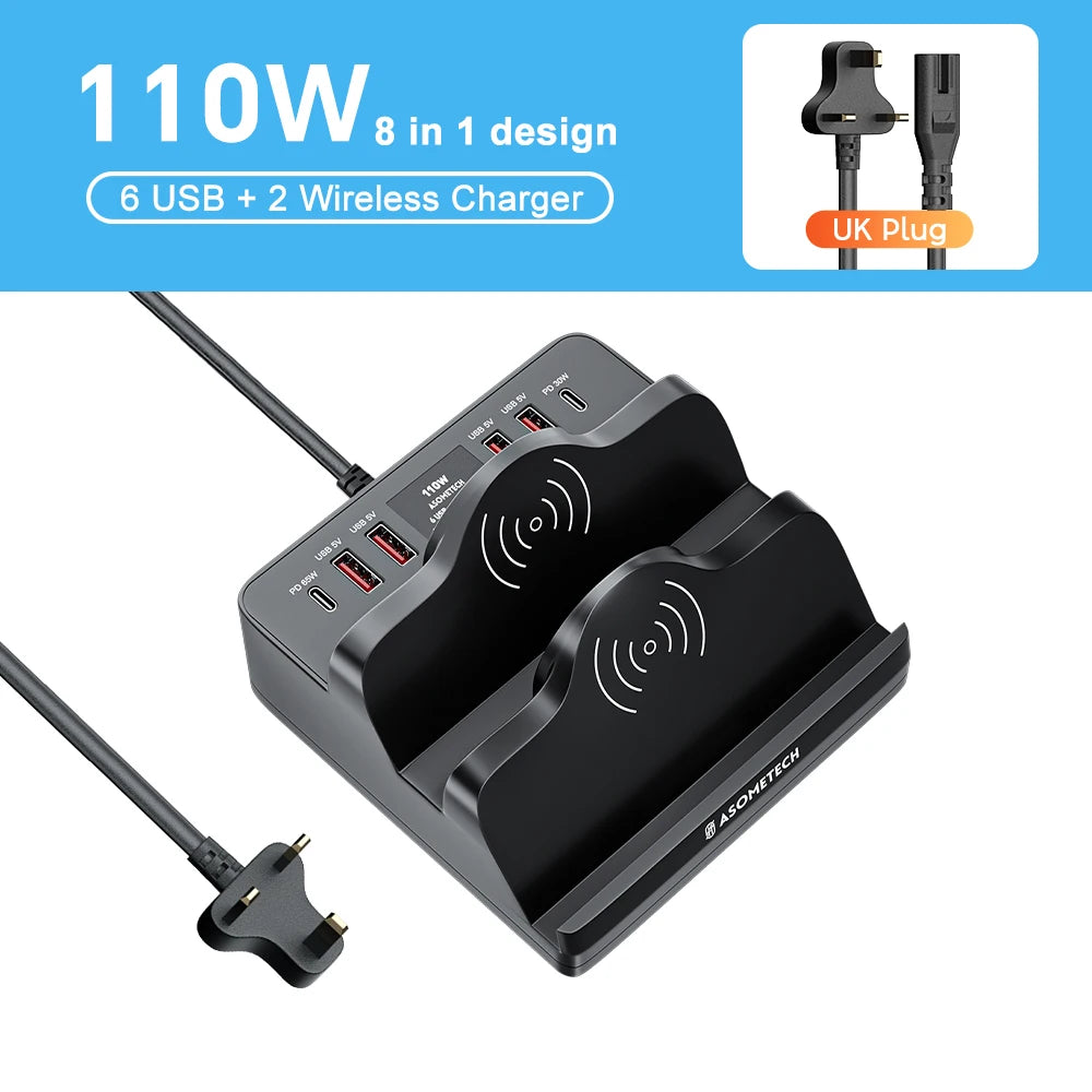 110W 6 Port USB Charger Station Dual Fast Wireless Charging Type C QC3.0 PD3.0 65W Quick Charge For iPhone Xiaomi Samsung Laptop