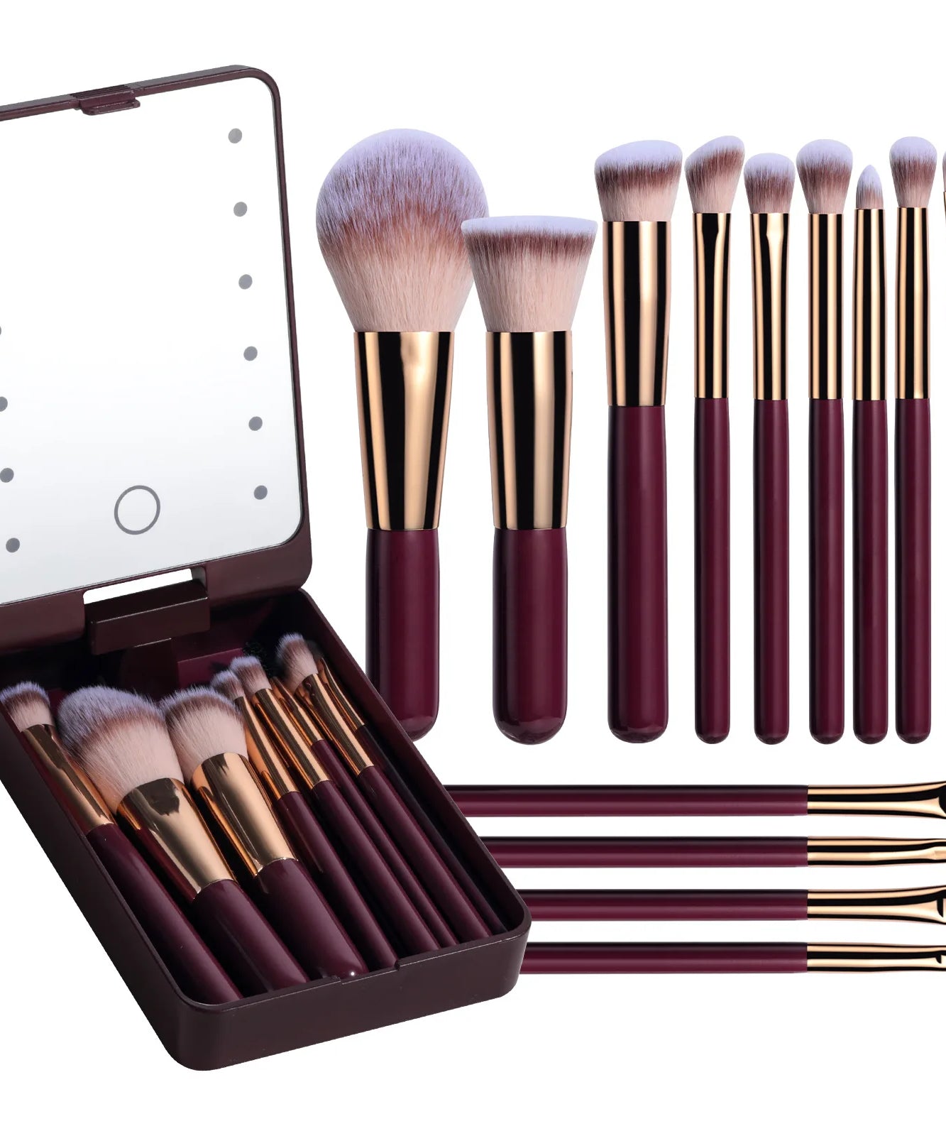 Travel Makeup Brush Set Small Portable With LED mirror and 14 pcs Makeup Brushes For Women Beauty Makeup Kit And Storage Box