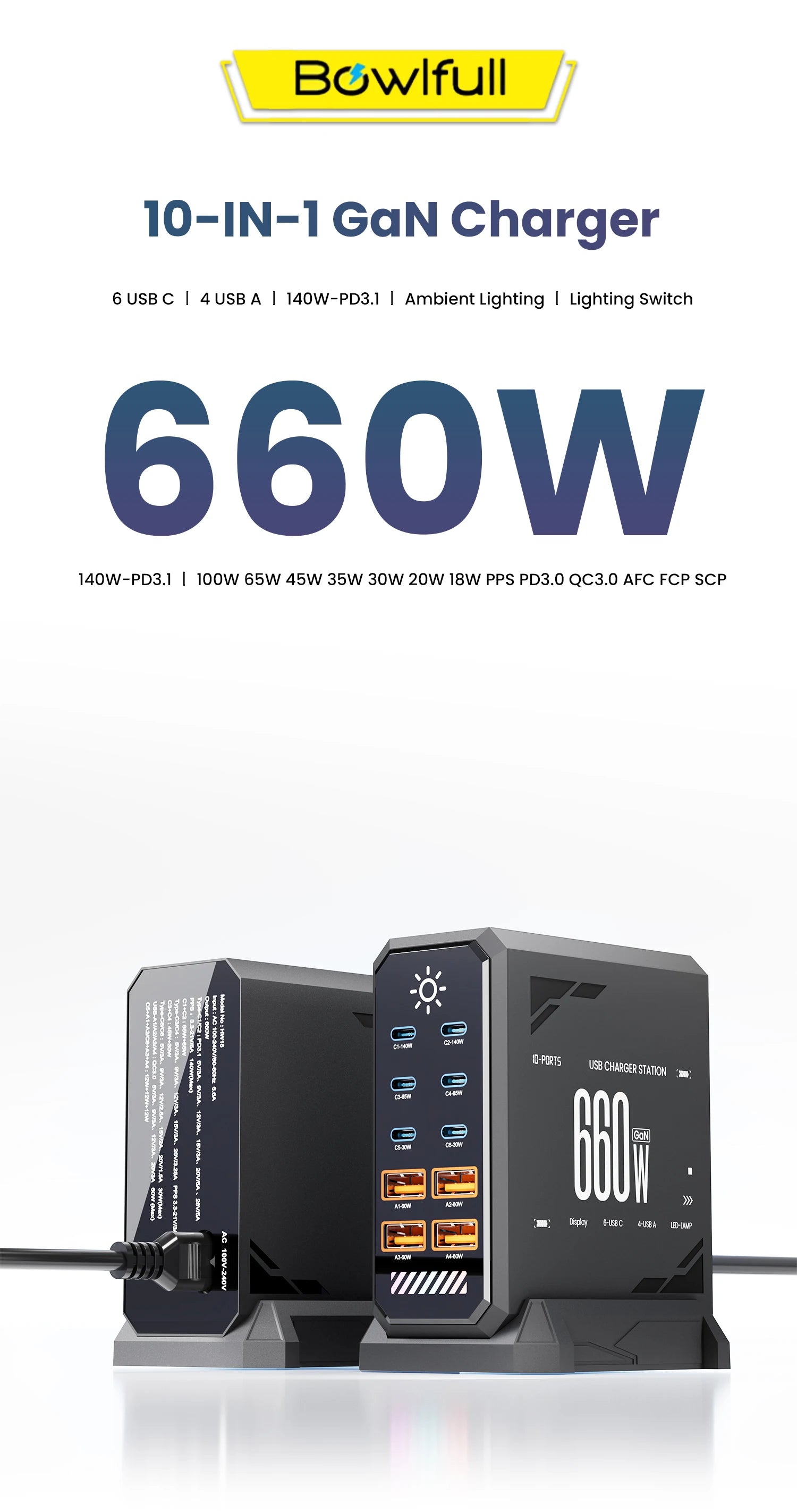 660W GaN USB C Charger Station 10 Port Fast Charger Type C PD3.1 PD3.0 PPS Quick Charger For Macbook Pro iPad iPhone 16 Samsung