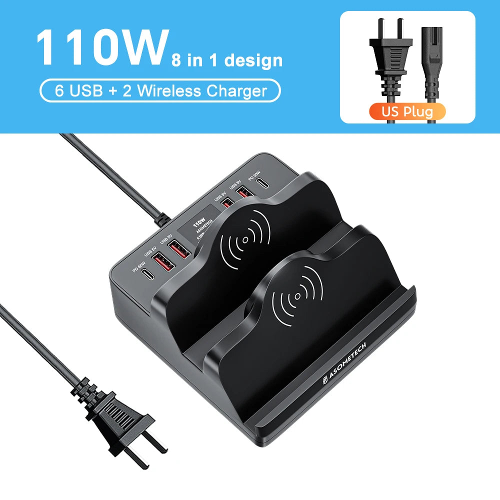 110W 6 Port USB Charger Station Dual Fast Wireless Charging Type C QC3.0 PD3.0 65W Quick Charge For iPhone Xiaomi Samsung Laptop