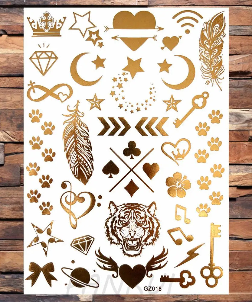 Sexy Sun Moon Star Temporary Tattoo Women Party Body Arm Art Fake Flash Tatoos Gold Metallic Tattoo Stickers Girl Bracelet Wrist