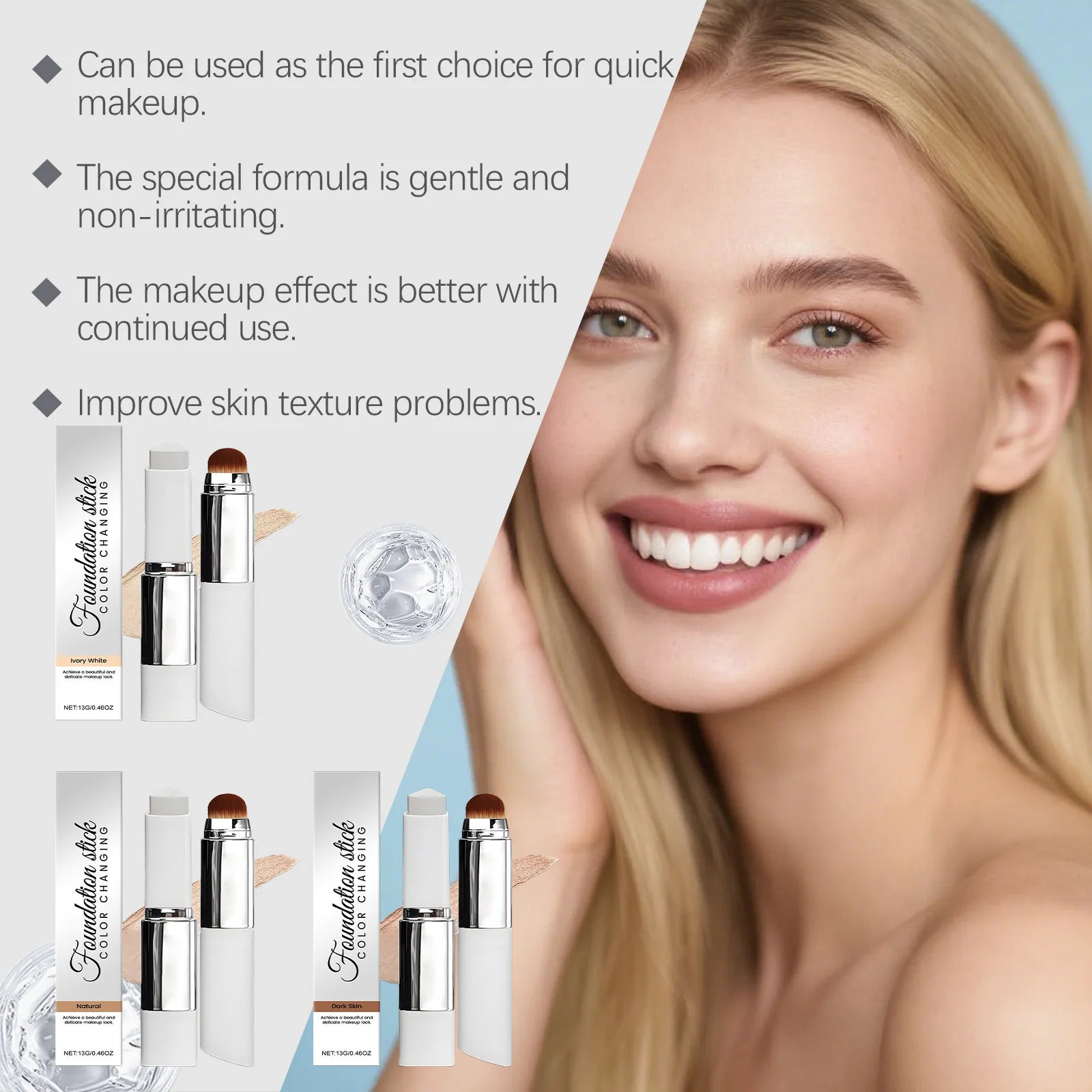 2-in-1 Color-Changing Foundation Liquid Stick Lasting Concealer Lightweight Moisturizing Brightening Matte Natural Base Makeup