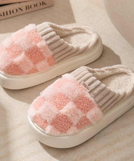 Fashion Couple Winter Toe Wrap Warm Plaid Cotton Slippers Thick Soft Sole Slides Men Women Indoor Floor Flat Home Non-slip Shoes