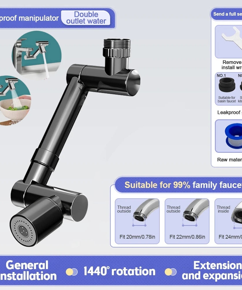 1440° Rotatable Scalable Metal Faucet Bathroom Tap Splash-proof Bubbler Kitchen Faucet Filter Nozzle Tap Saving Water Extender