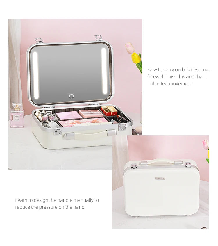 Lighted Makeup Case with Mirror - Portable Travel Makeup Organizer with LED Mirror, 3 Light Settings, Rechargeable Makeup Bag w