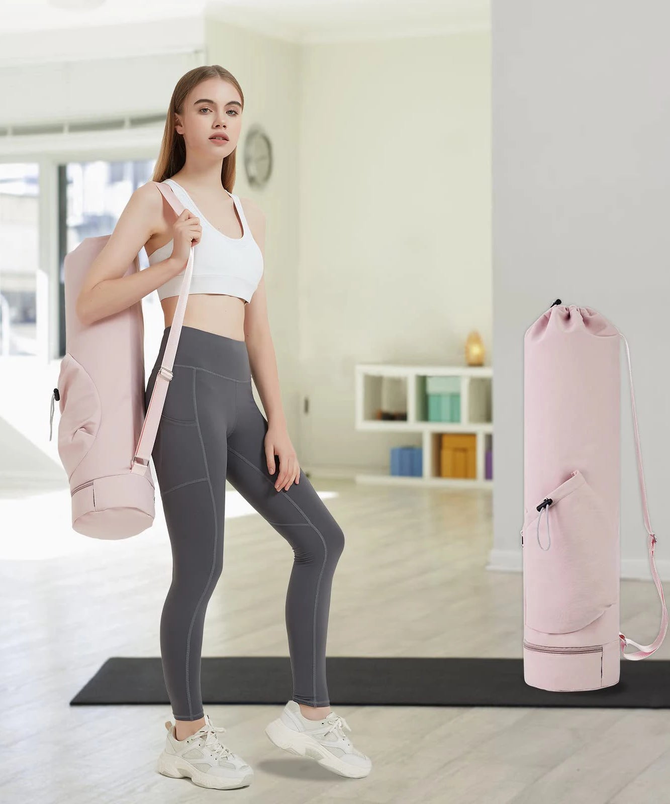 Yoga mat bag with water bottle pocket and bottom wet bag. Sports yoga mat with shoulder strap and multifunctional storage bag