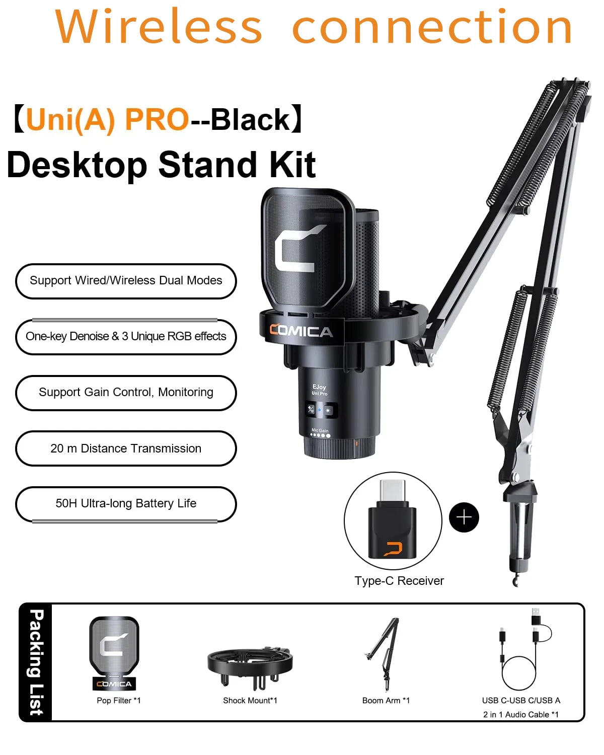 COMICA Uni Pro Wireless USB Gaming Microphone for PC Laptop Smartphone Noise Cancellation Condenser Mic with RGB Lights