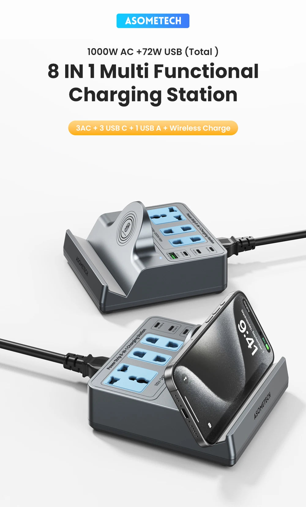 72W Fast Charging Station With Wireless Charger 3 Socket Outlets 4 USB Porst Power Strip Adapte For iPhone 14 Samsung Laptop